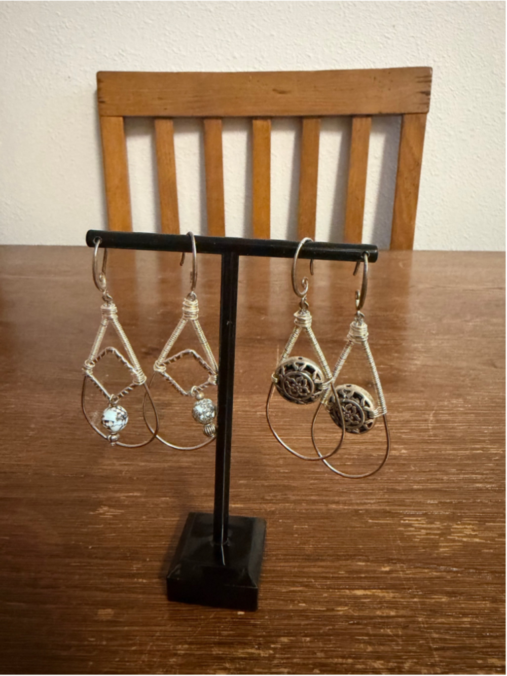 2 Pair Artisan Wire Wrapped Dangle Earrings Stone Floral Teardrop Boho Silver To